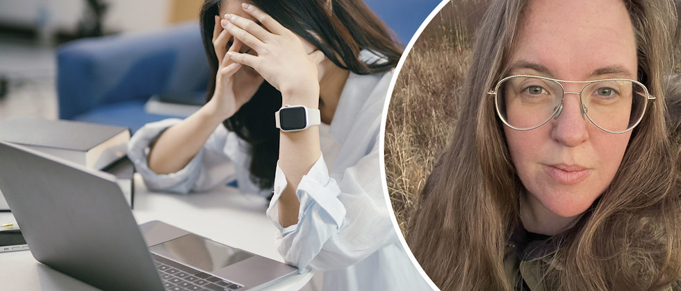 En kvinna som slår händerna framför ansiktet och Towe Falk