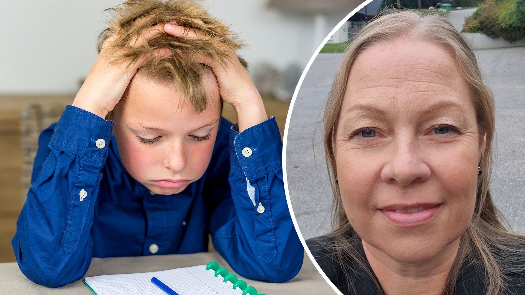 En genrebild av ett barn som suckar över läxan och ett porträtt av Emma Bore Nordmark