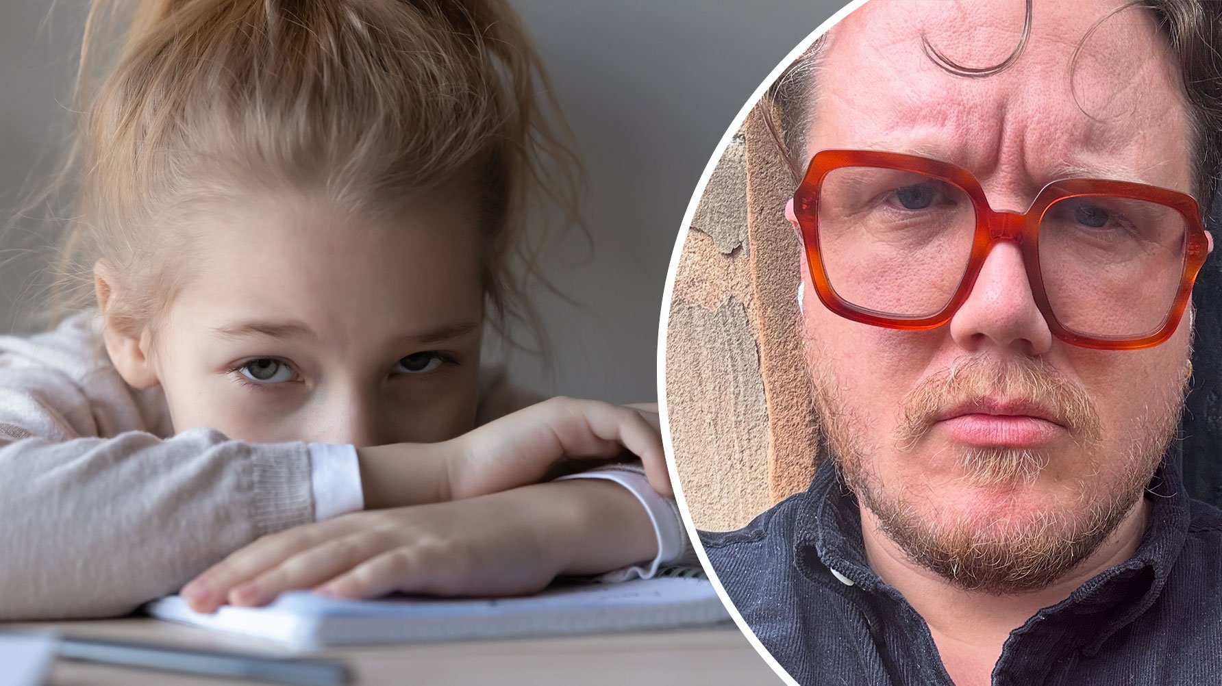 En genrebild av en flicka som tittar in i kameran med ledsen min och ett porträtt av Oscar Björk