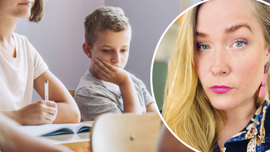 En ledsen elev i klassrum och Ulrica Björkblad Agah