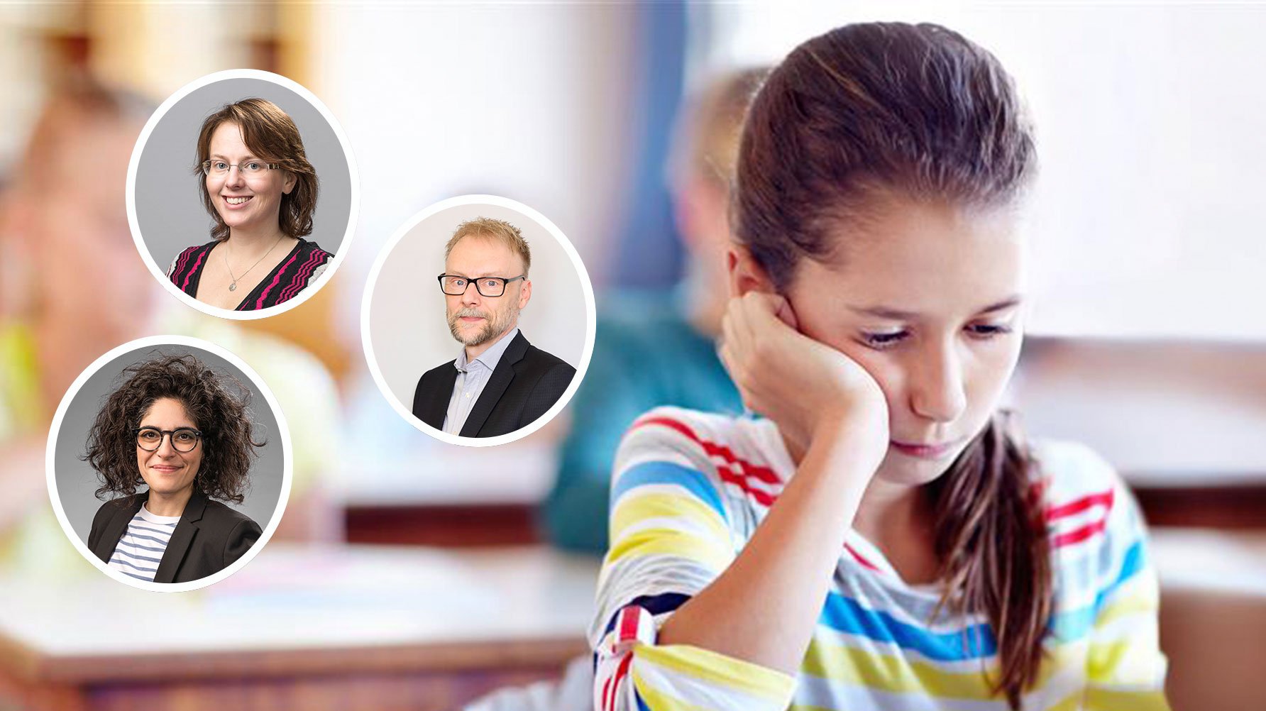 En genrebild av en ledsen flicka i ett klassrum, tre infällda porträtt av artikelförfattarna i runda ramar