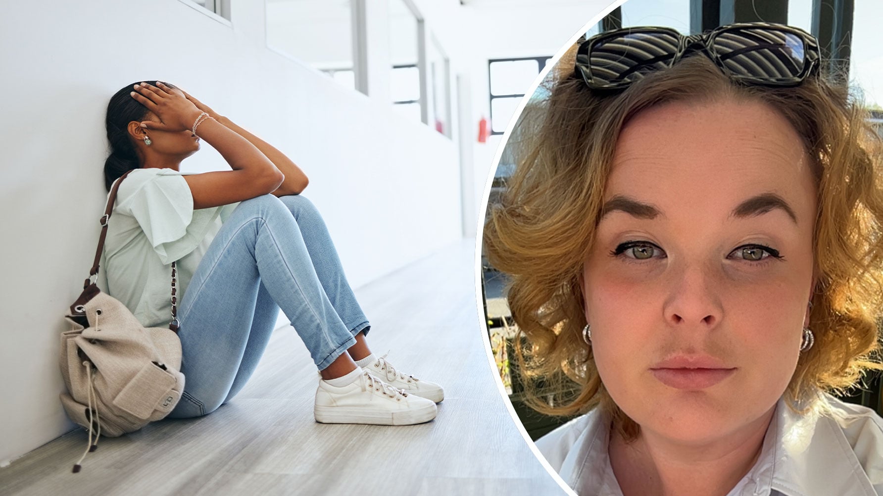En genrebild av en ensam tonåring i korridor, med händerna för ögonen, till höger ett runt porträtt av Sabina Standfuss