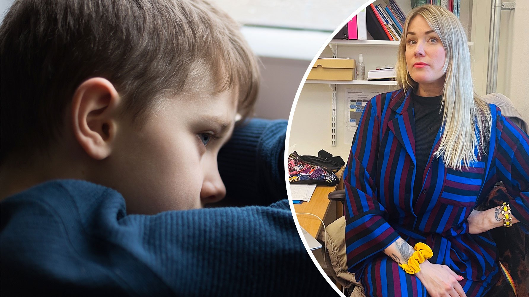 En genrebild av en ledsen pojke i ett fönster och ett porträtt av Ulrica Björkblom Agah, i sitt arbetsrum med datorn framför sig på bordet