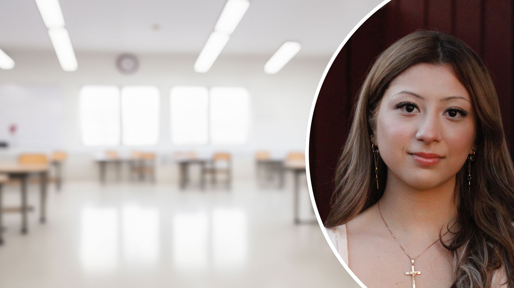 En genrebild av ett tomt klassrum, bilden är tagen med oskärpa, ljuset är skarpt. Till höger på bilden ett runt infällt porträtt av LLilia Quinonez Lainez