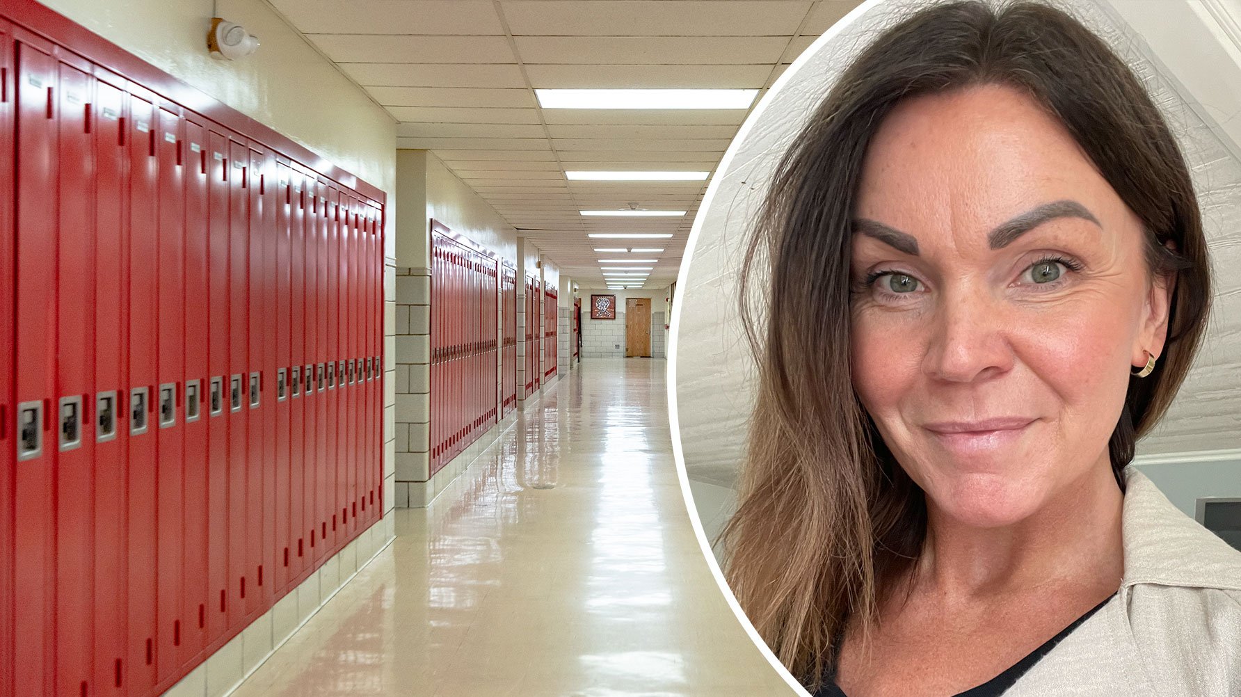 En genrebild av en tom skolkorridor med röda skåprader och ett runt, infällt porträtt av Line Berg till höger
