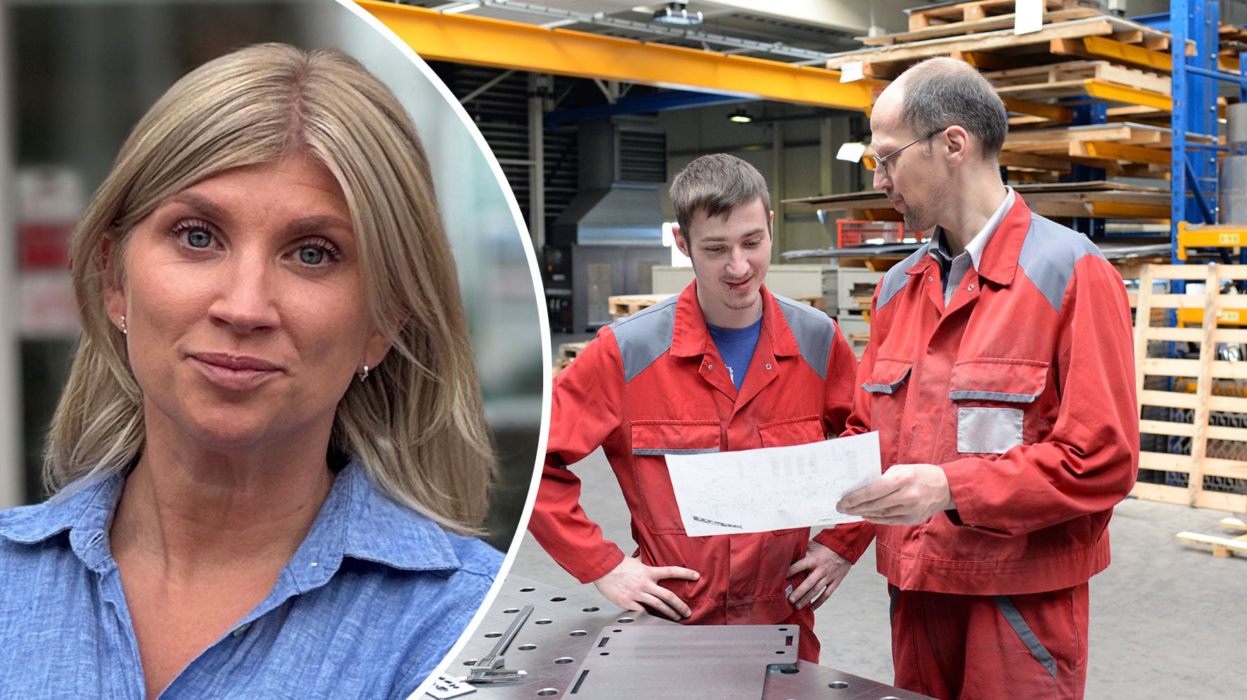 Ett porträtt av Linnea Fahlström i rundad ram till vänster, och en genrebild av en elev och en lärare i en verkstad