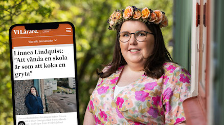 Rektor Linnea Lindquist i midsommarkrans och en bild på Vi Lärares artikel om att vända en skola.