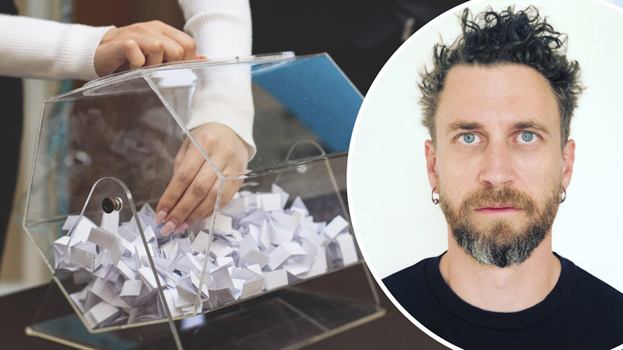 En genrebild av en genomskinlig trumma med lotter och en person som drar en lott, och ett porträtt av Tomas Antonsson