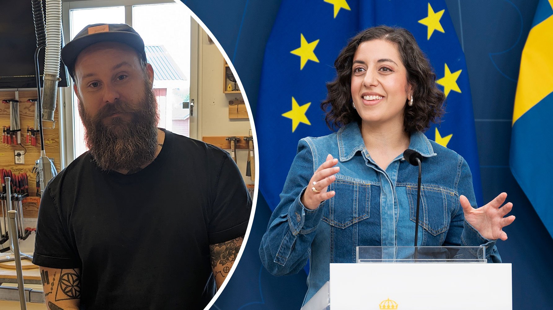 Ett porträtt av Petter Lundin i slöjdsalen och en bild av Simona Mohamsson från en presskonferens.