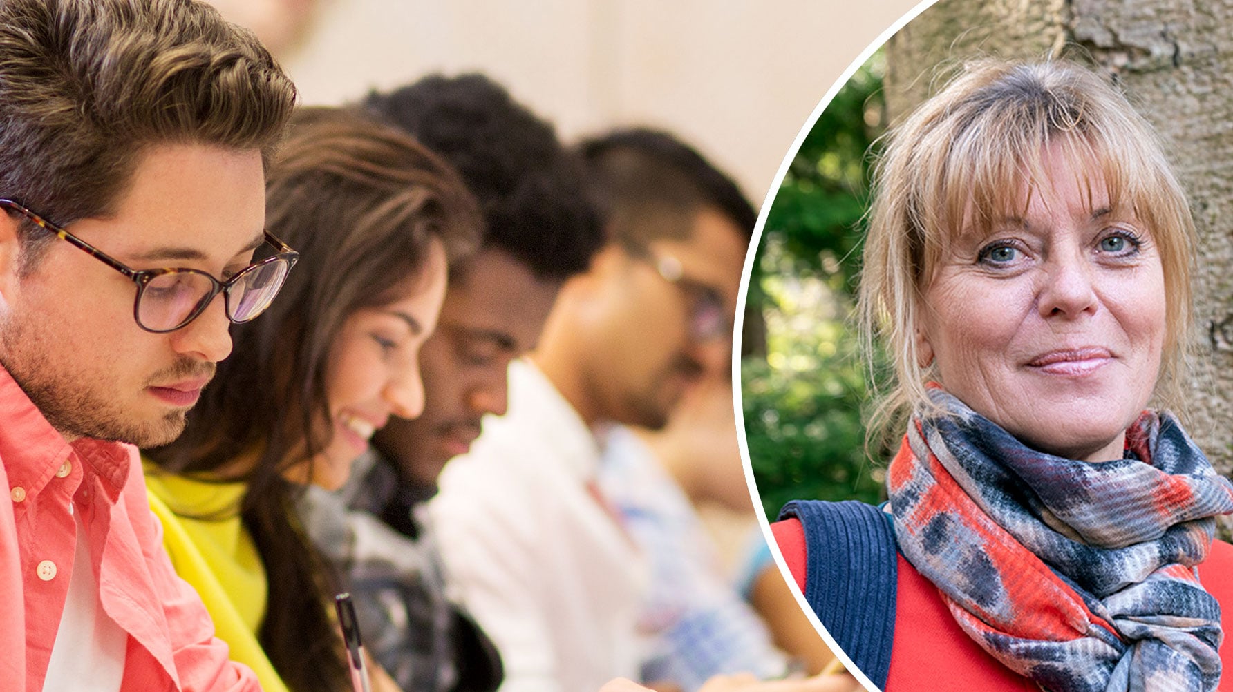 En genrebild av studenter under föreläsning till vänster, i rund ram till höger ett porträtt av Margaretha Häggström i skogen