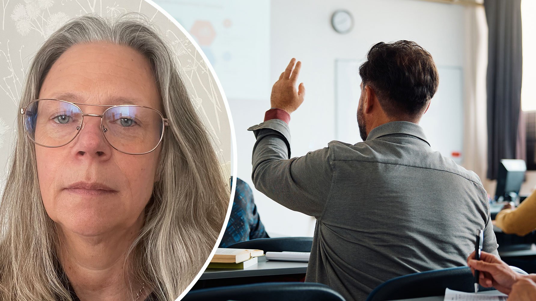 Ett runt porträtt av Maria Johansson och en genrebild av vuxna i ett klassrum, de räcker upp handen 