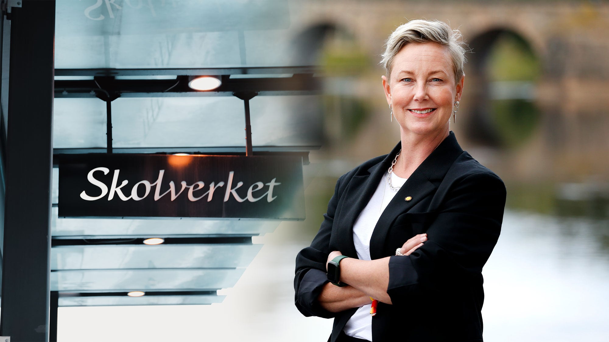 Ett porträtt av Maria Kjällström, och en bild av Skolverkets skylt utanför entrén