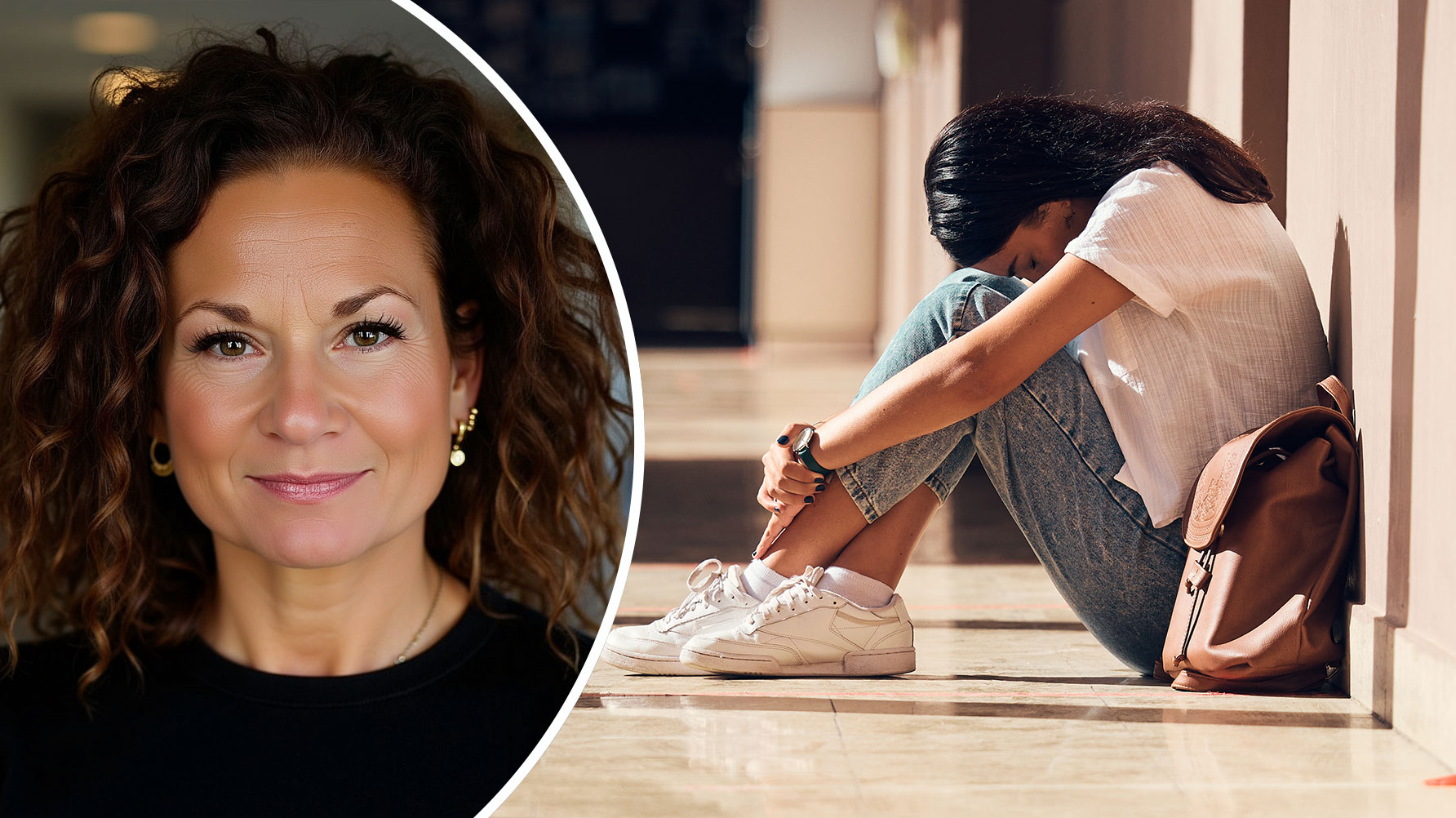 Ett porträtt av Maria Sergi och en genrebild med en elev i en skolkorridor, eleven sitter på golvet med nedböjt huvud