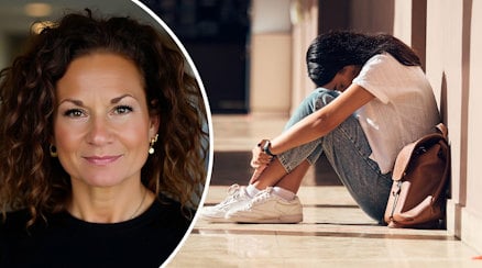 Ett porträtt av Maria Sergi och en genrebild med en elev i en skolkorridor, eleven sitter på golvet med nedböjt huvud