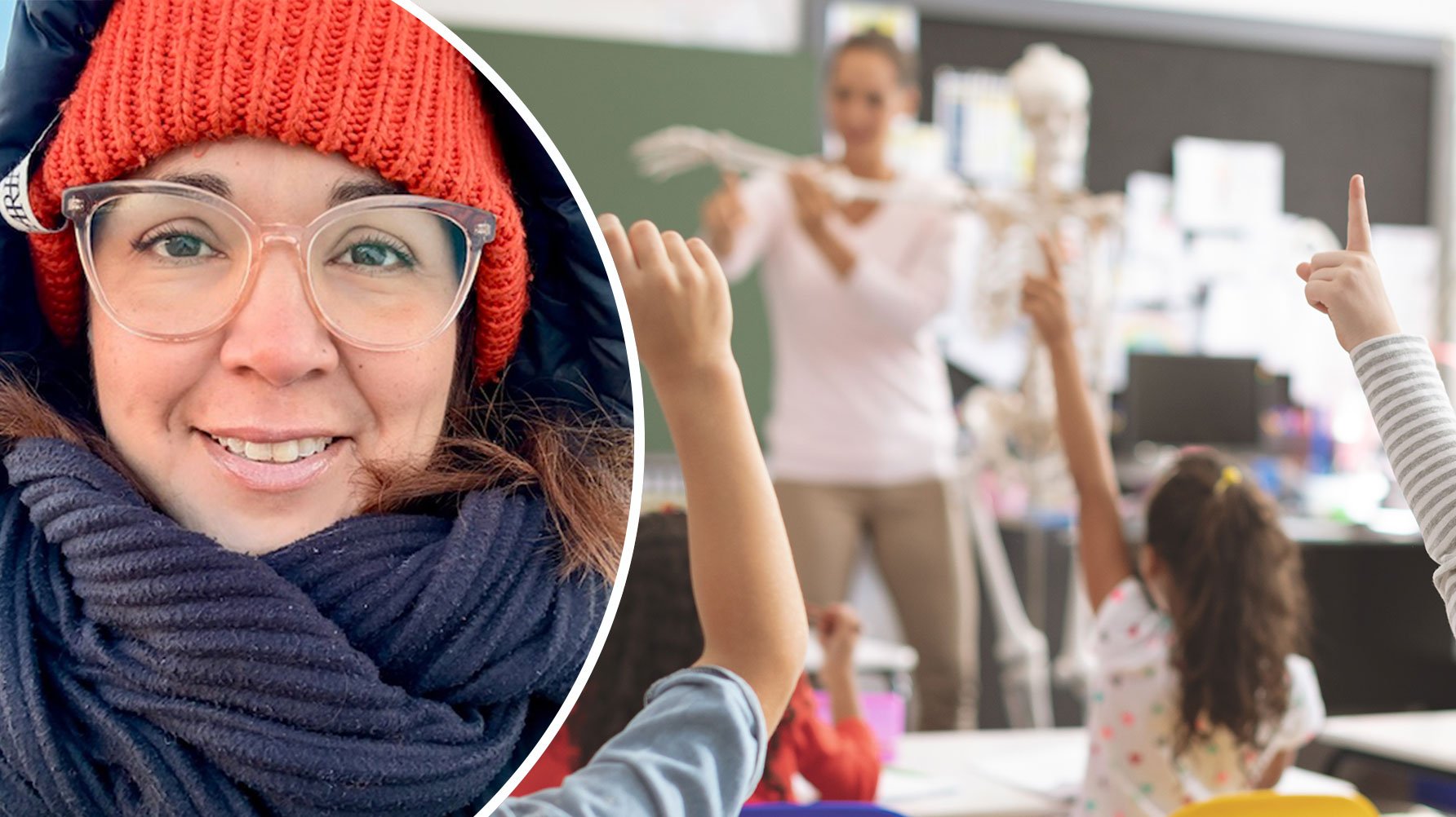 Ett porträtt av Mariana Moreirea Duerte i orange mössa och glasögon och en genrebild av ett klassrum där en lärare demonstrerar ett föremål för elever, bilden i oskärpa