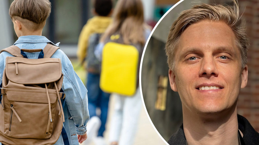 En närbild av Markus Åkesson och en genrebild av en grupp elever med ryggsäck på ryggen