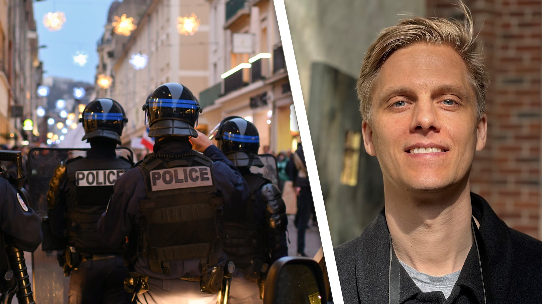 En genrebild av franska poliser på gatan och ett porträtt av Markus Åkesson