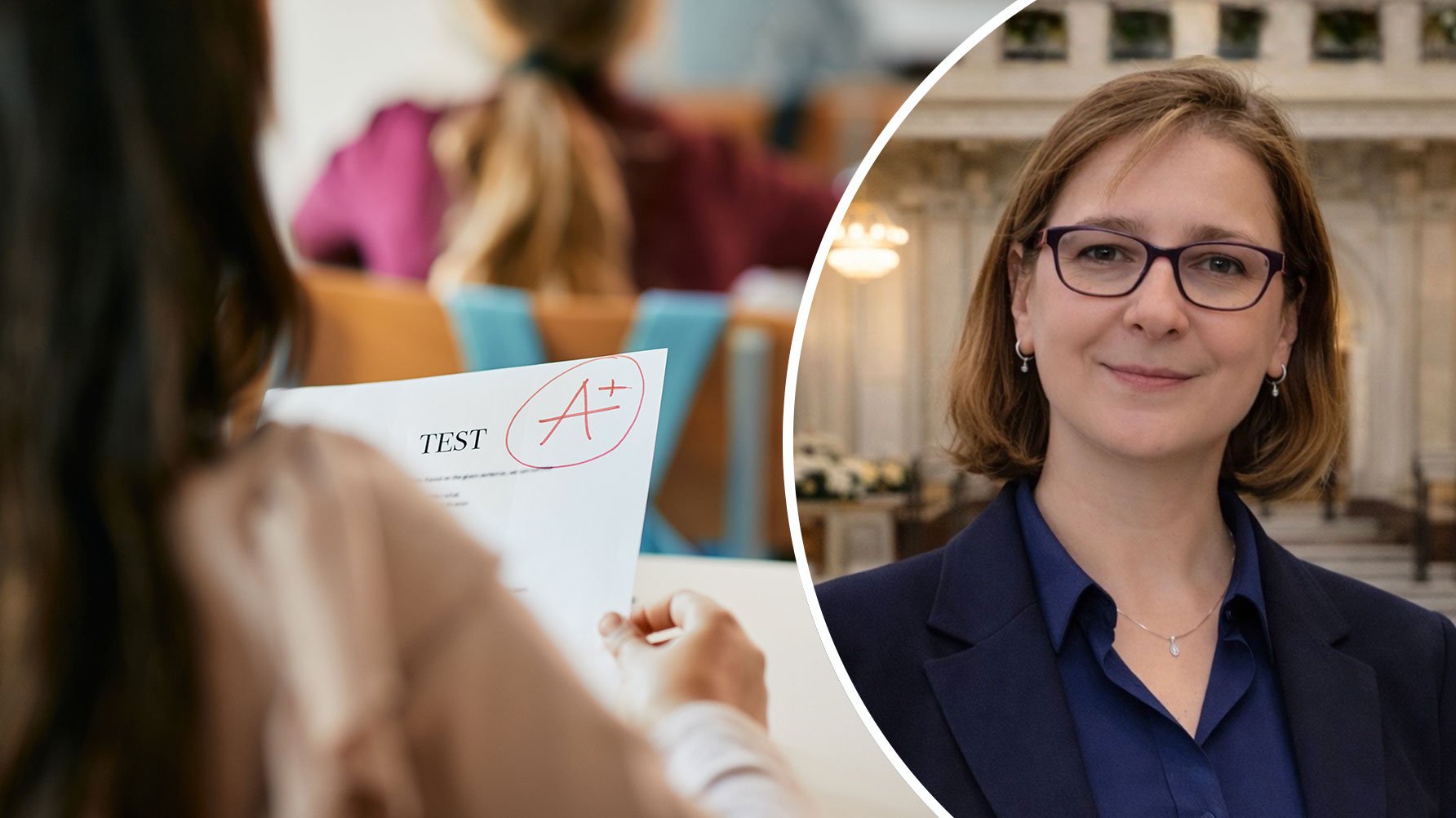 En genrebild av en student som fått tillbaka ett test markerat med ett ”A", till höger en rund infälld bild av Maryam Barkadehi