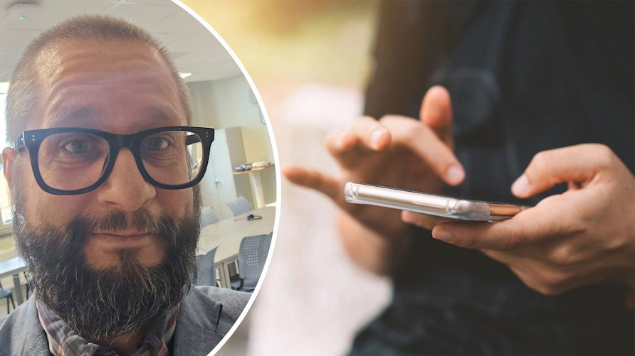 Mattias Björlebo i klassrummet och en bild på händer som håller i en mobil