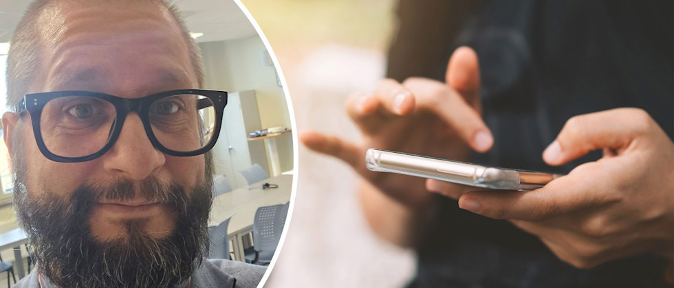 Mattias Björlebo i klassrummet och en bild på händer som håller i en mobil
