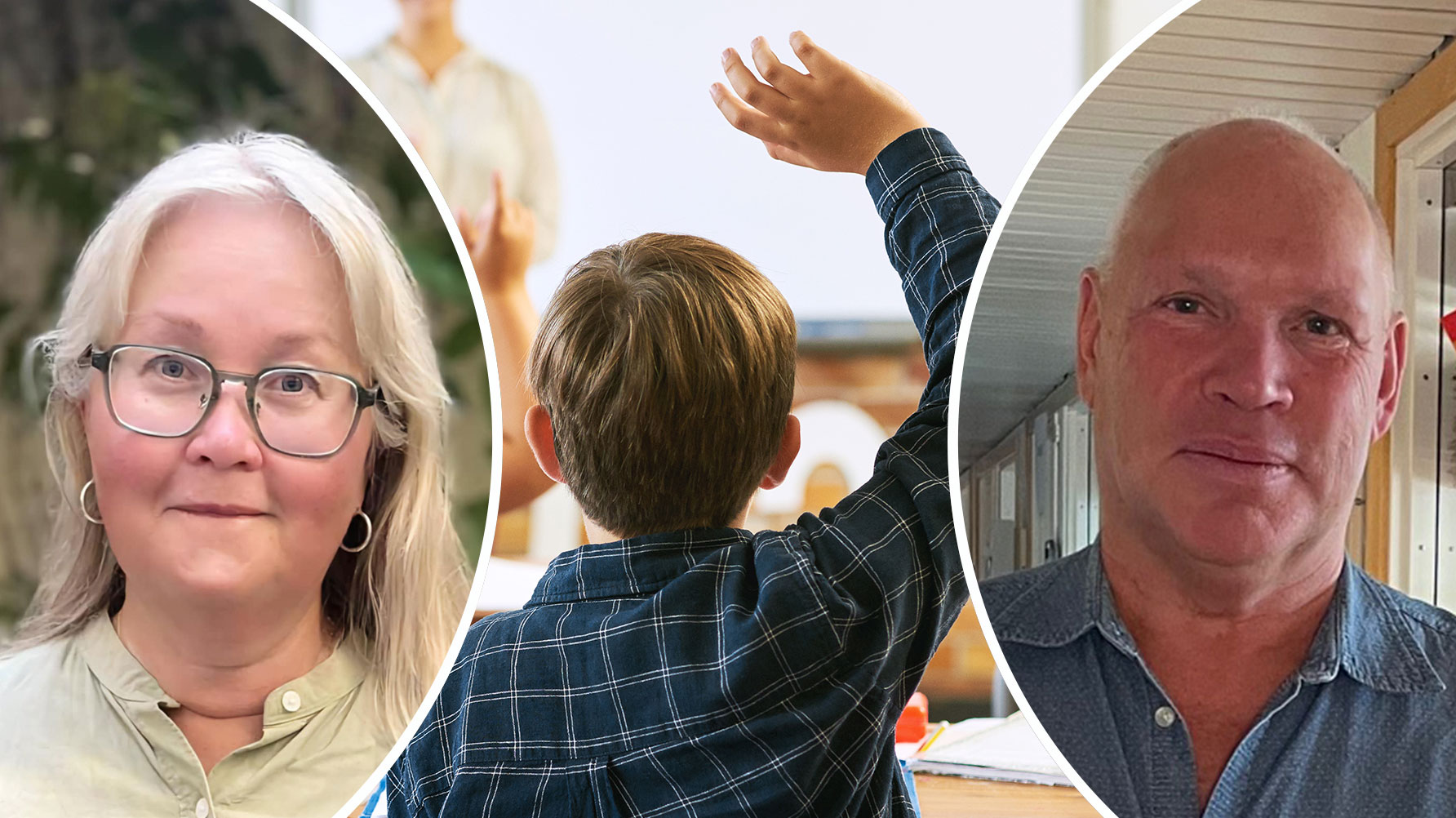 Ett porträtt av Andrea Meiling och Anders Ehlén mot en bakgrund som är en genrebild av en pojke som räcker upp handen i klassrummet