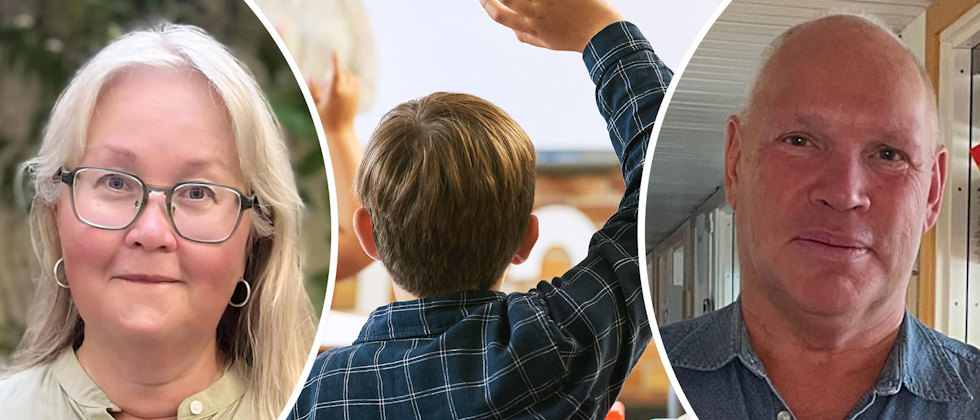 Ett porträtt av Andrea Meiling och Anders Ehlén mot en bakgrund som är en genrebild av en pojke som räcker upp handen i klassrummet