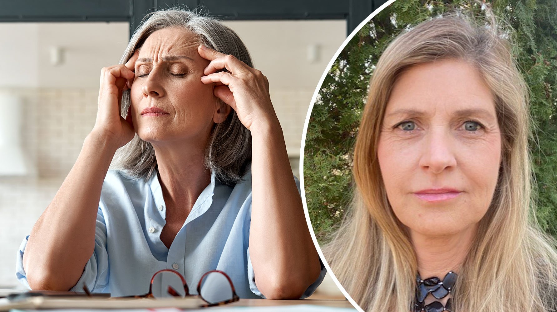 En genrebild av en kvinna med grått hår som blundar och masserar sina tinningar och ett porträtt av Elisabeth Sandstedt 