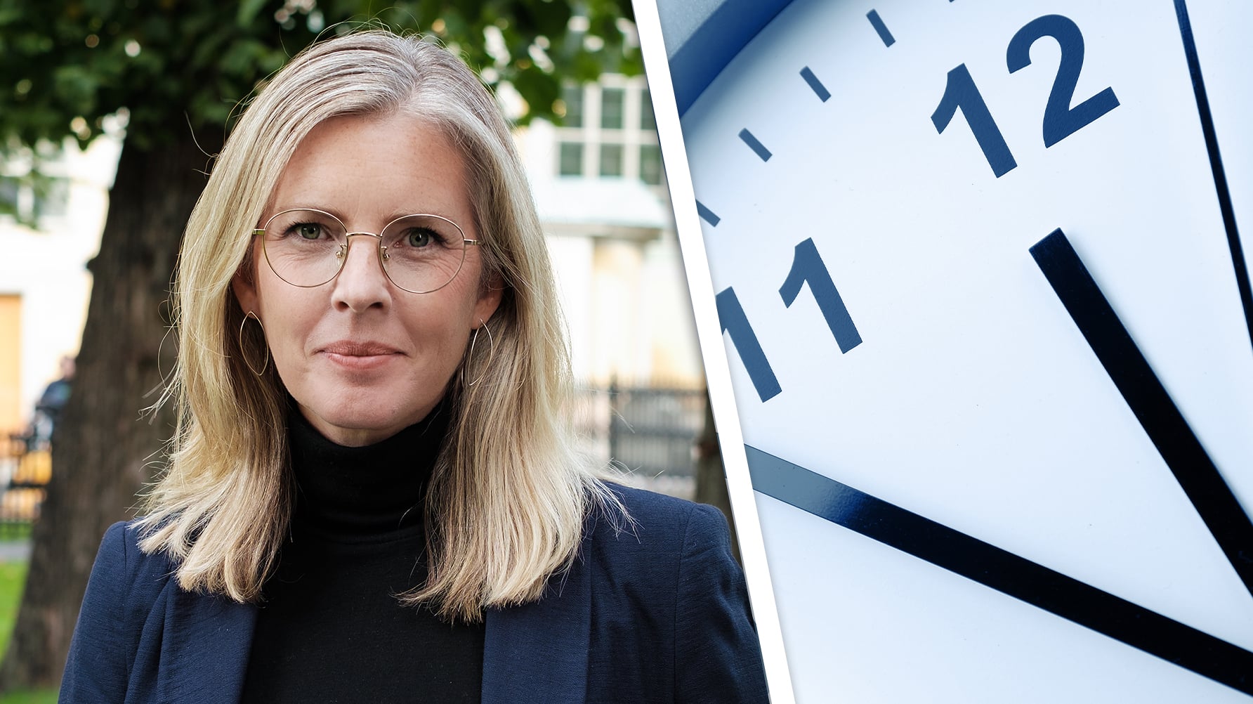 Ett porträtt av Moa Andersson och en genrebild av en urtavla där visarna pekar på fem minuter i tolv