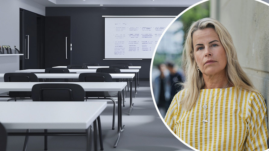 Ett mörkt klassrum och en bild på Anna Olskog, Sveriges Lärares ordförande