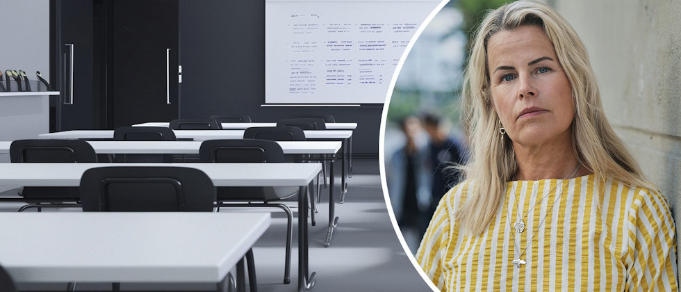 Ett mörkt klassrum och en bild på Anna Olskog, Sveriges Lärares ordförande