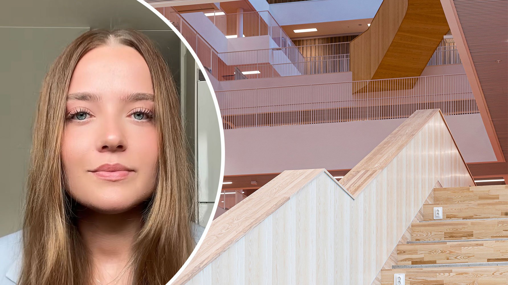 Ett porträtt av My Nord och en interiörbild av trappor från Mälardalens högskola, Campus Eskilstuna