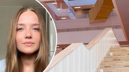 Ett porträtt av My Nord och en interiörbild av trappor från Mälardalens högskola, Campus Eskilstuna