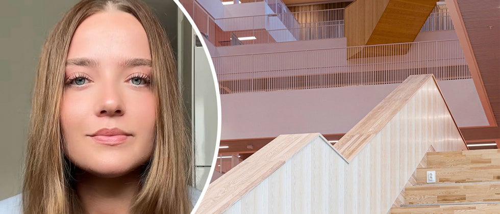 Ett porträtt av My Nord och en interiörbild av trappor från Mälardalens högskola, Campus Eskilstuna