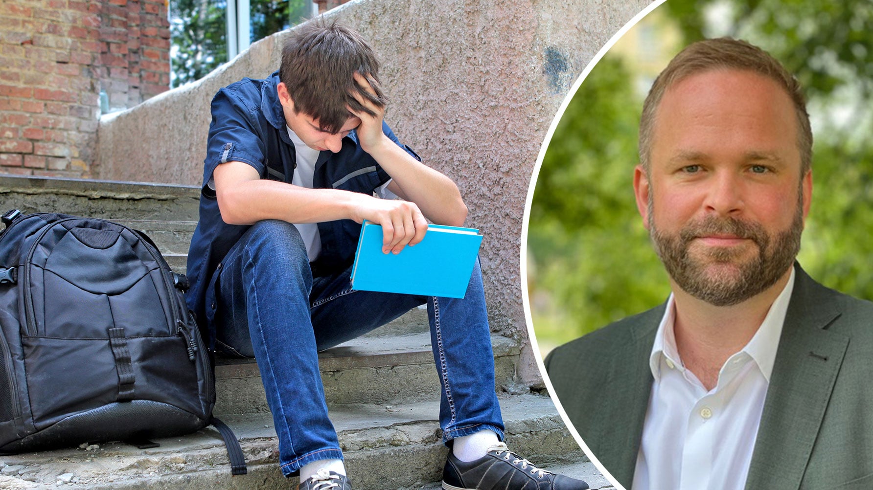 En genrebild av en tonårspojke med ryggsäck och skolbok, han har ett deprimerat uttryck, och ett porträtt av Jonas Naddebo i en rund ram till höger