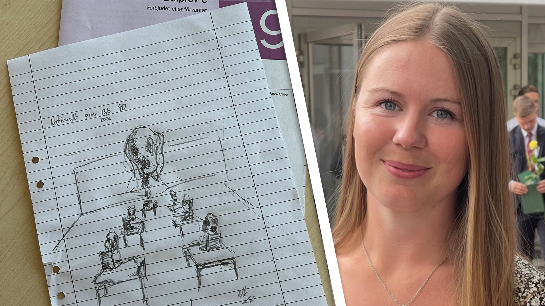 En skiss av mörka figurer som sitter med sina datorer och ett porträtt av Ronja Bergsjö