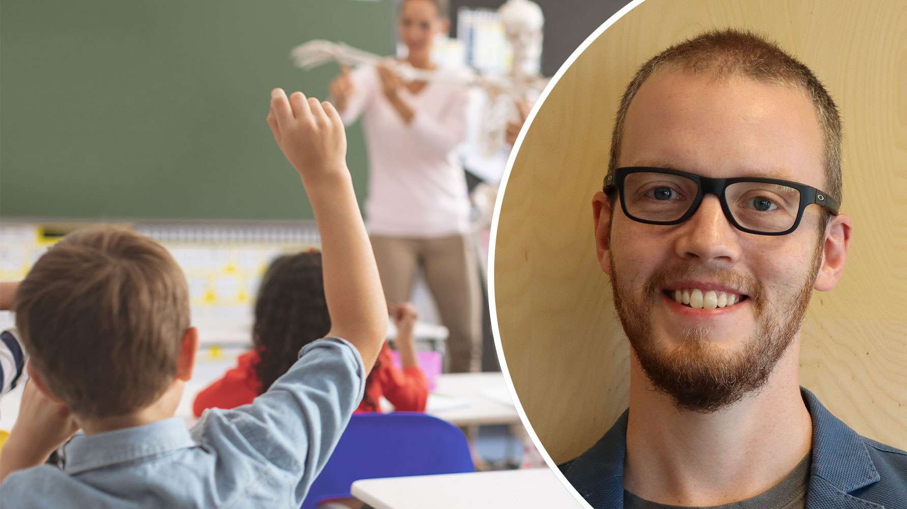 En genrebild av en lärare som demonstrerar ett vitt föremål för klassen och elever som räcker upp handen och ett porträtt av Nils Legge