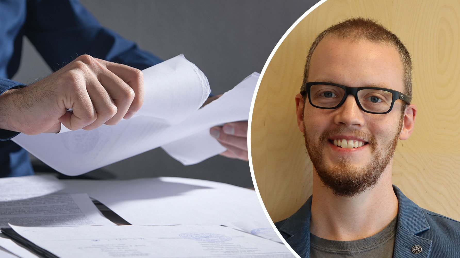 En bild av två manshänder som river ett papper itu, och ett runt infällt porträtt av Nils Legge till högre