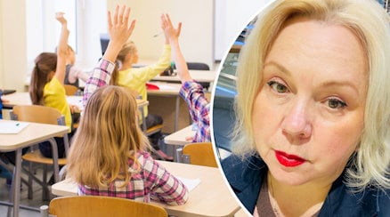 En genrebild av ett klassrum och ett porträtt av Olga Victorsdotter-Sapkina