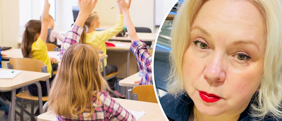 En genrebild av ett klassrum och ett porträtt av Olga Victorsdotter-Sapkina