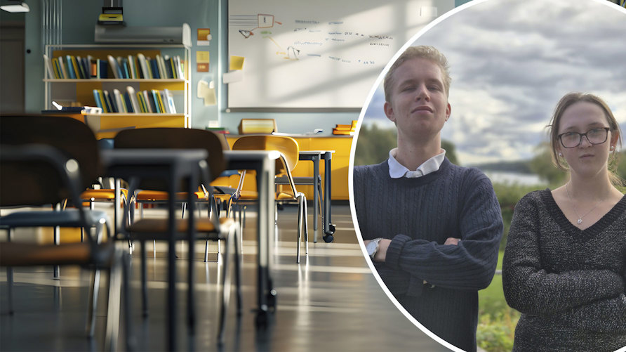Olle Cleve och Emma Åkrok och ett tomt klassrum