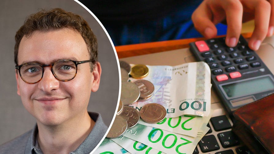 Ett porträtt av Olof Rosenqvist och en genrebild av en hand som trycker på en miniräknare, det ligger svenska sedlar på bordet