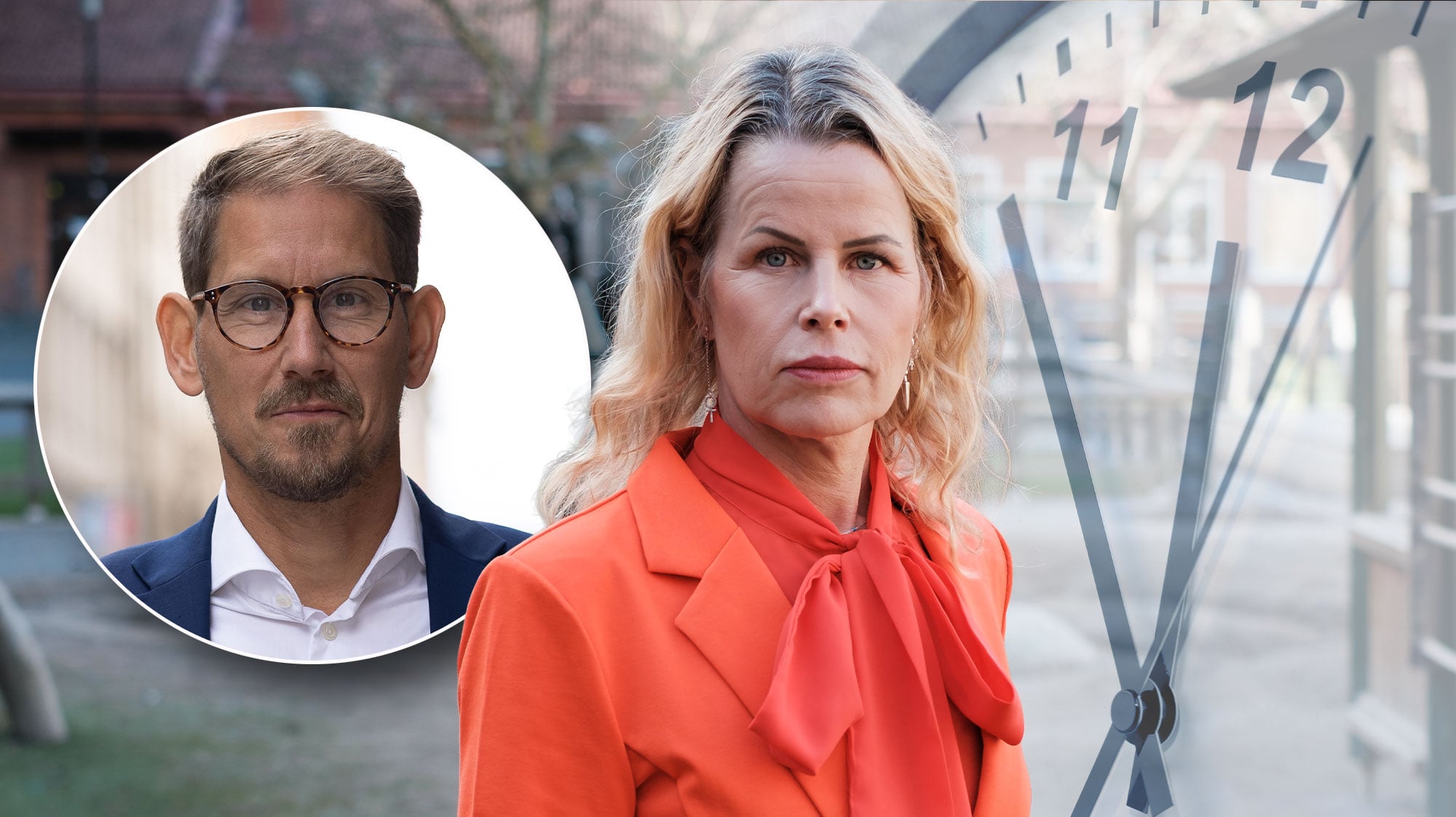 Ett porträtt av Anna Olskog, med en bild av Niels Paarup-Petersen infälld i rund ram, uttonad i bakgrunden en klocka