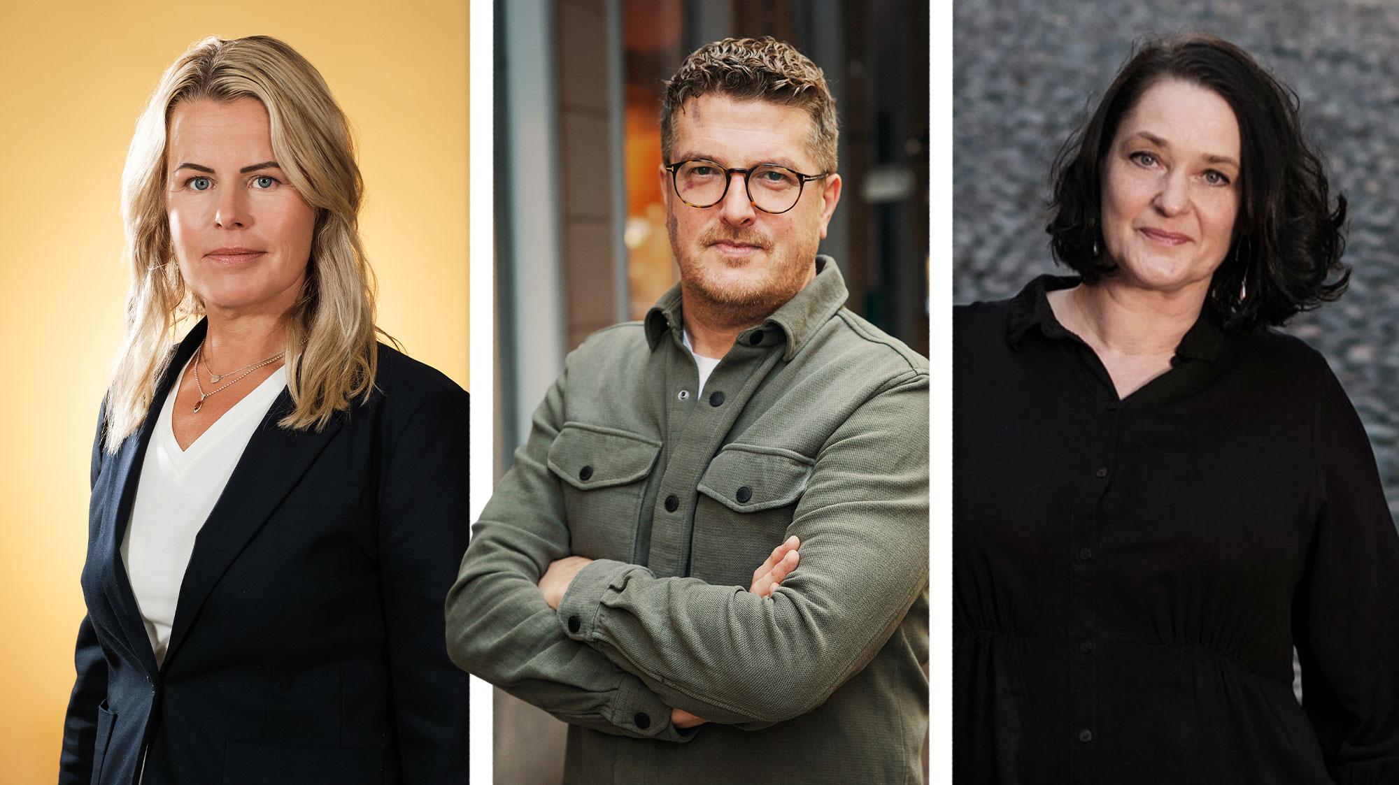 En tredelad bild, Anna Olskog i rutan l&#xE4;ngst till v&#xE4;nster, Fredrik Sandstr&#xF6;m i mitten, Filippa Mannerheim l&#xE4;ngst till h&#xF6;ger