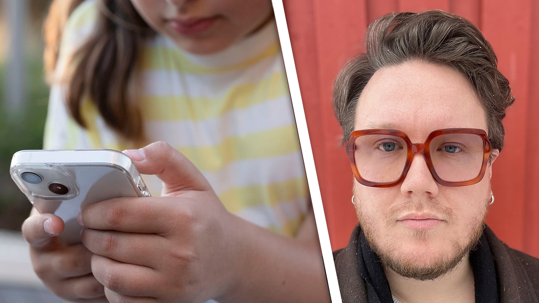 En genrebild av en flicka som håller en smart telefon till vänster, till höger en bild av Oscar Björk i rundad ram