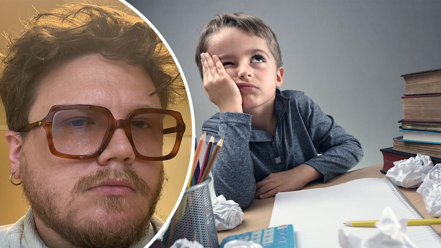 Oscar Björk i närbild och ett uttråkat barn som har böcker, hopskrynklade papper och pennor framför sig på ett bord