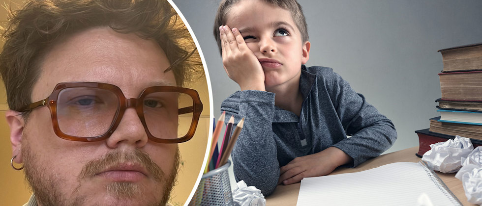Oscar Björk i närbild och ett uttråkat barn som har böcker, hopskrynklade papper och pennor framför sig på ett bord