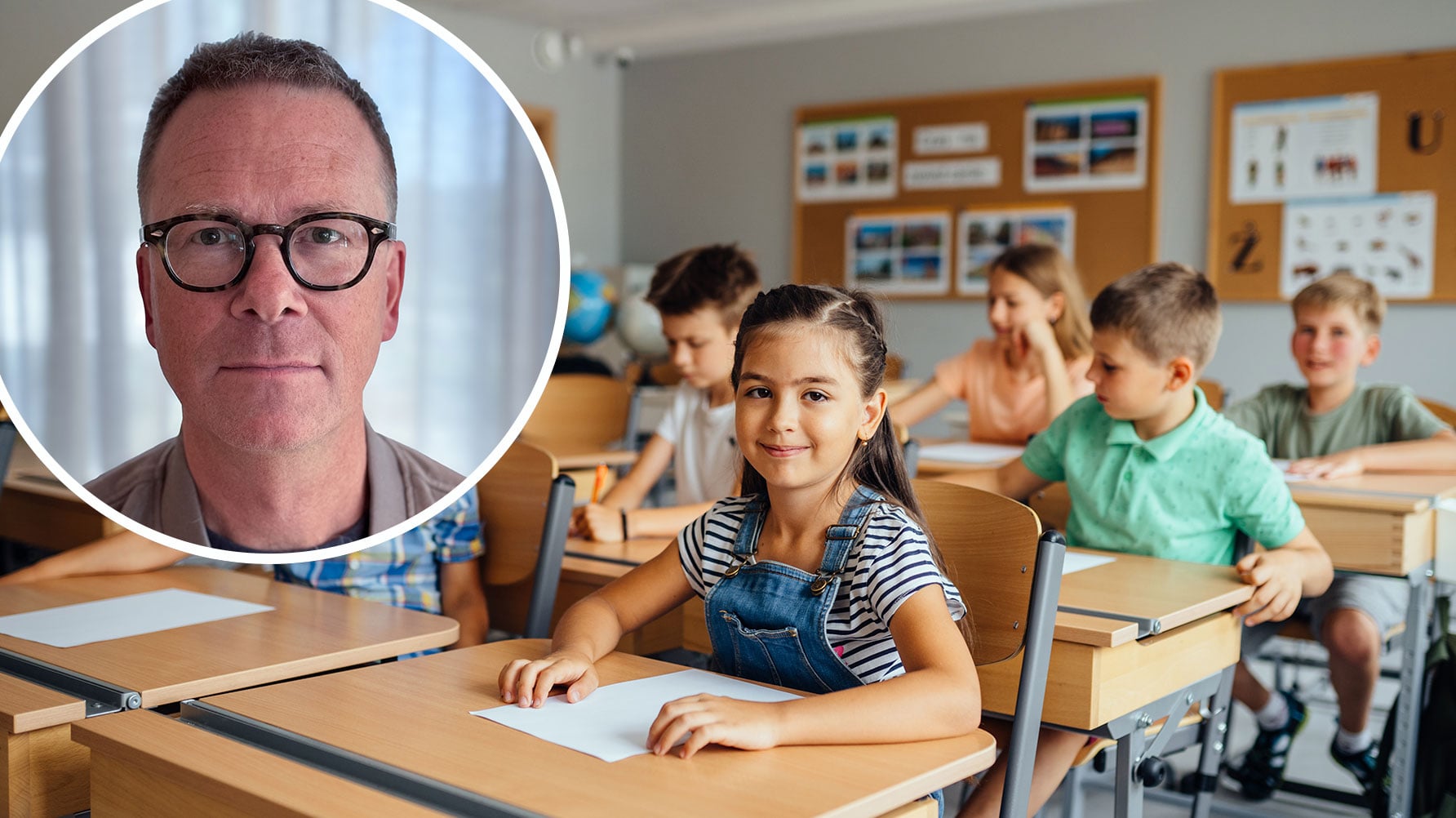 En genrebild av en lektion med elever i mellanstadieåldern, i vänstra översta hörnet en rund ram med ett porträtt av Pål Christensson