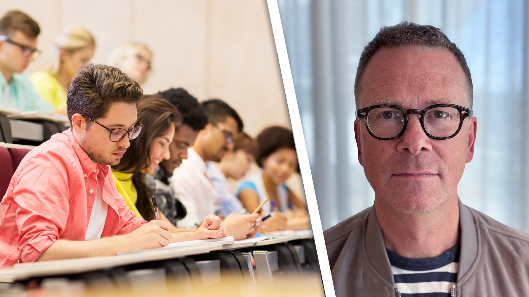 En genrebild från en universitetsföreläsning, studenter sitter och skriver, och ett porträtt till höger av Pål Christensson