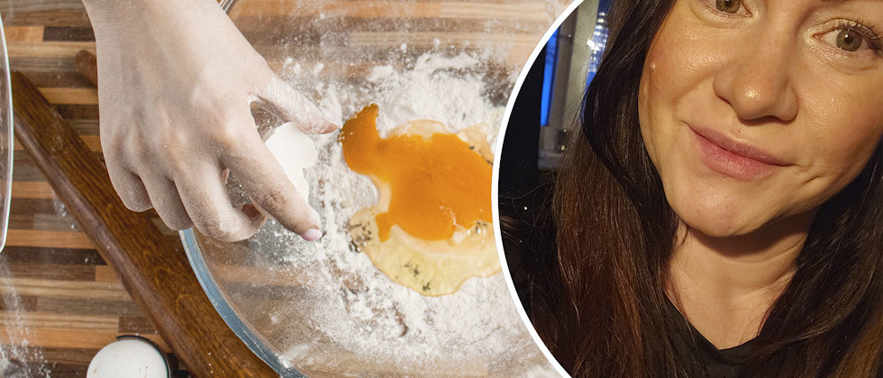 En genrebild av en bunke med ägg och mjöl och en hand som håller ett ägg och en närbild av Angelica Tengros