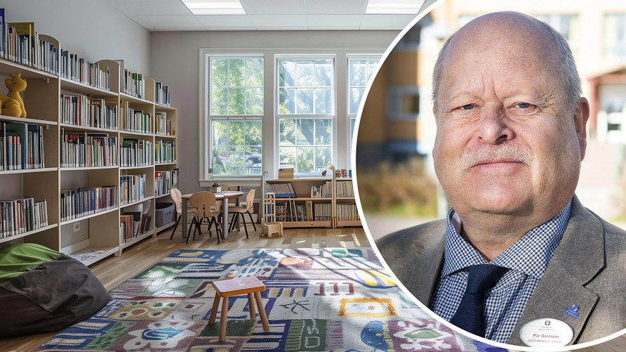 Pär Boström och ett skolbibliotek